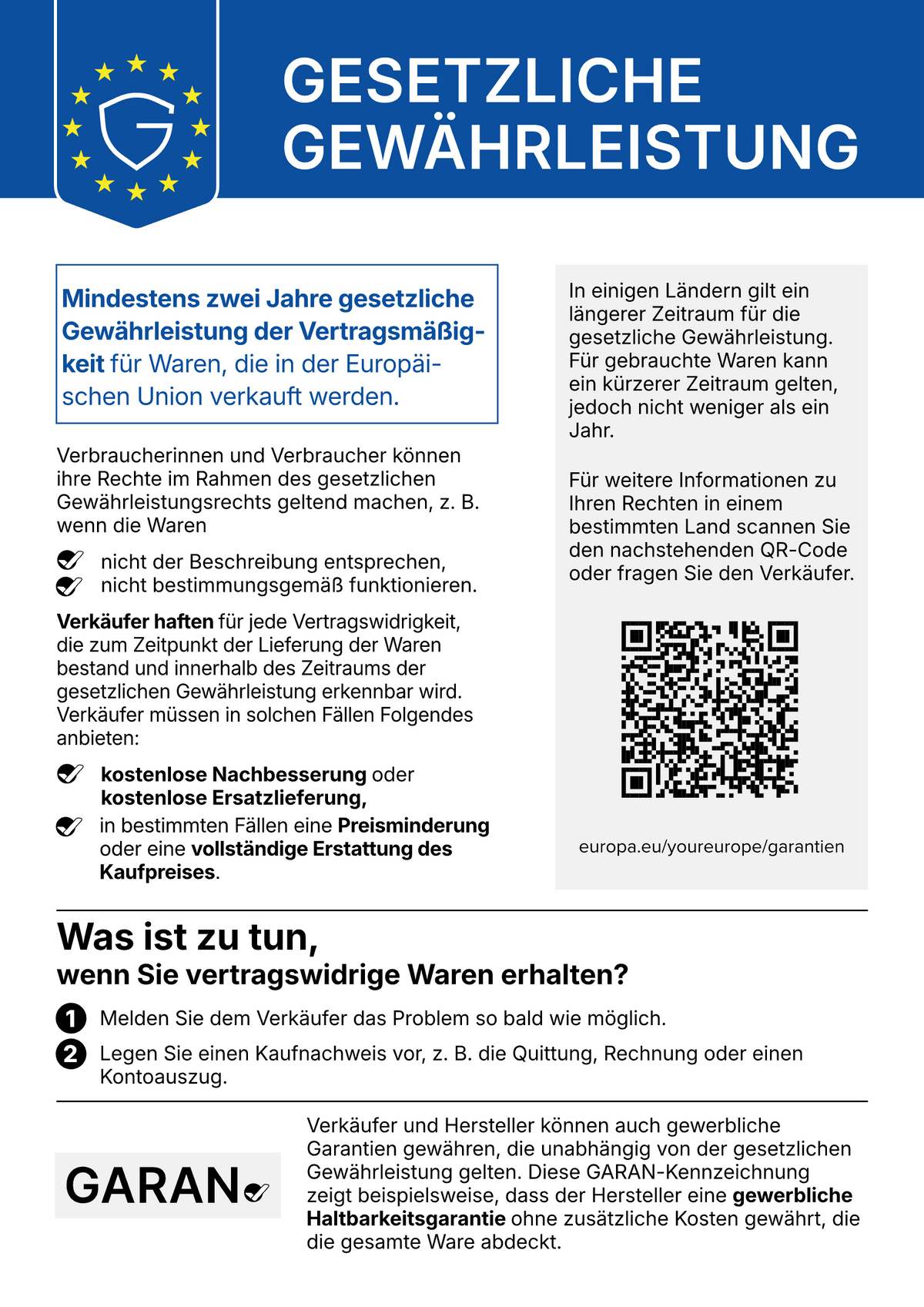 EU-Hinweis: Gesetzliche Gewährleistung – mindestens zwei Jahre gesetzliche Gewährleistung der Vertragsmäßigkeit für Waren, die in der Europäischen Union verkauft werden.